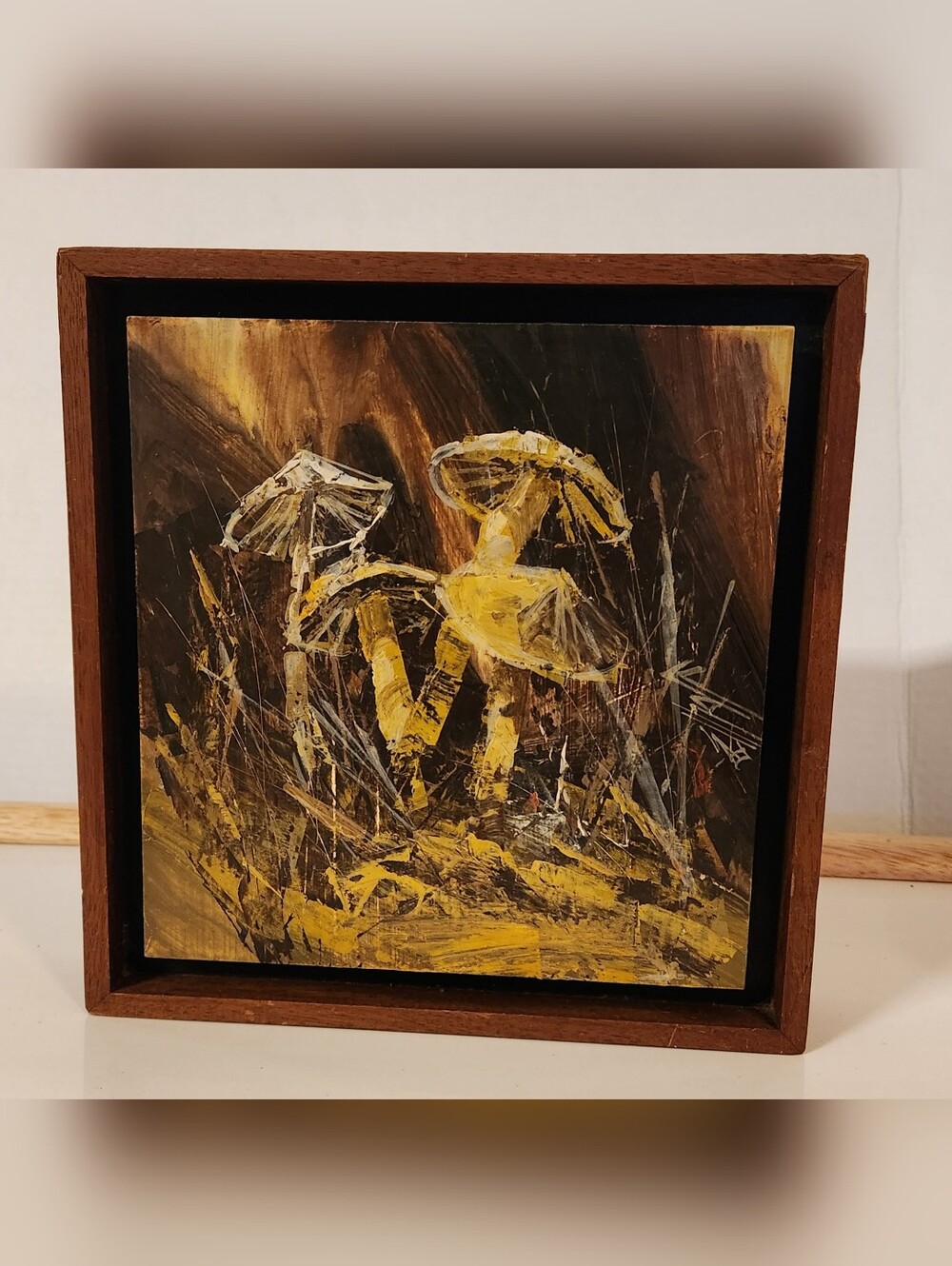 Vintage Mid Century Mushroom Impasto Oil Painting 10x10 Retro Floating Frame